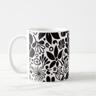 Caneca De Café Flores e Folhas Selvagens em Negrito preto e branc