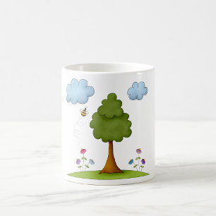 Caneca De Café Flores E Nuvens De Árvores De Abelhas