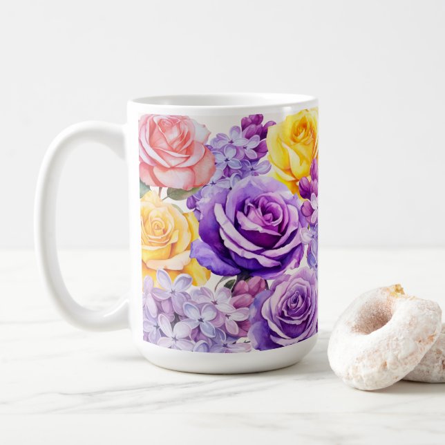 Caneca De Café Flores e Rosas Lilases Românticas (Com Donut)
