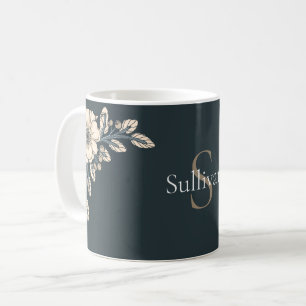 Caneca De Café Flores Elegantes De Monograma Dourado Azul De Oxfo
