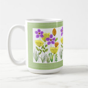 Caneca De Café Flores em Estilo de Fazenda com Xadrez Verde