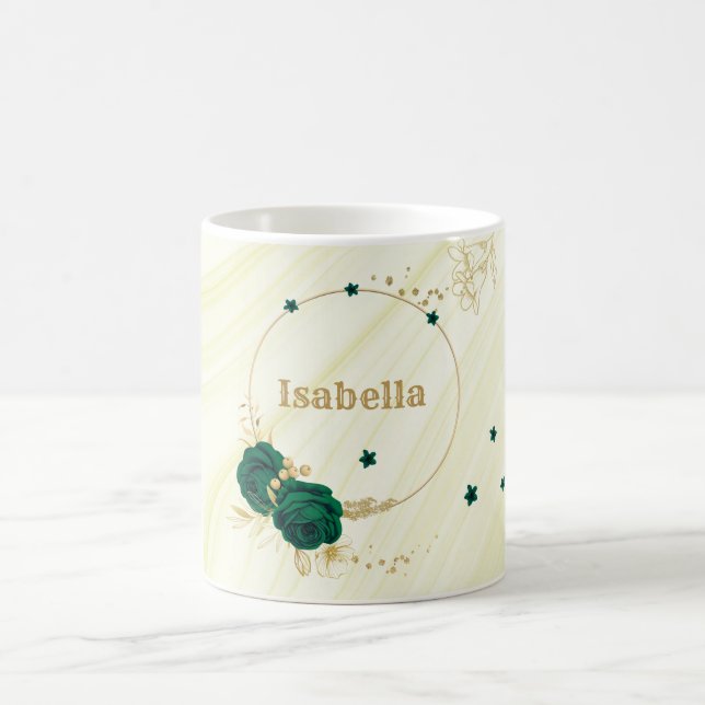 Caneca De Café flores esmeralda verde folhas douradas mármore (Centro)