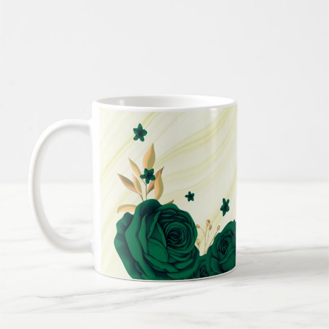 Caneca De Café flores esmeralda verde folhas douradas mármore (Esquerda)