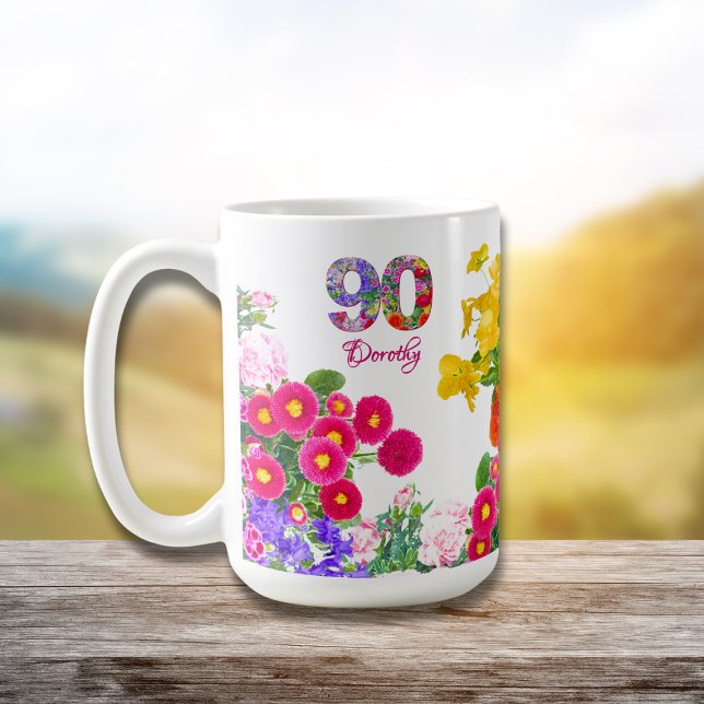 Caneca De Café Flores Florais De 90 Festa de aniversário Modernas (Criador carregado)