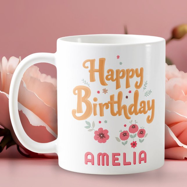 Caneca De Café Flores Florais Feliz Aniversário Handlettering (Criador carregado)