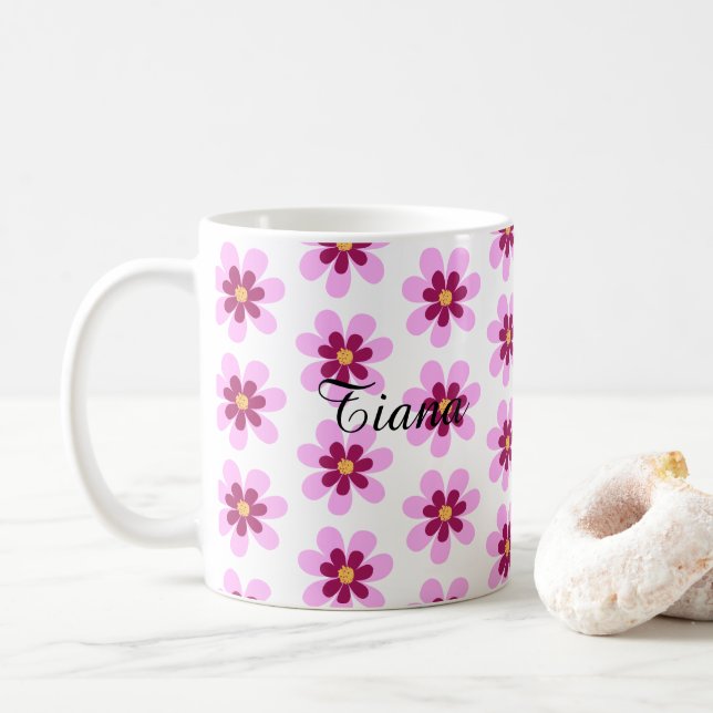Caneca De Café Flores Florais Rosa E Amarelo (Com Donut)