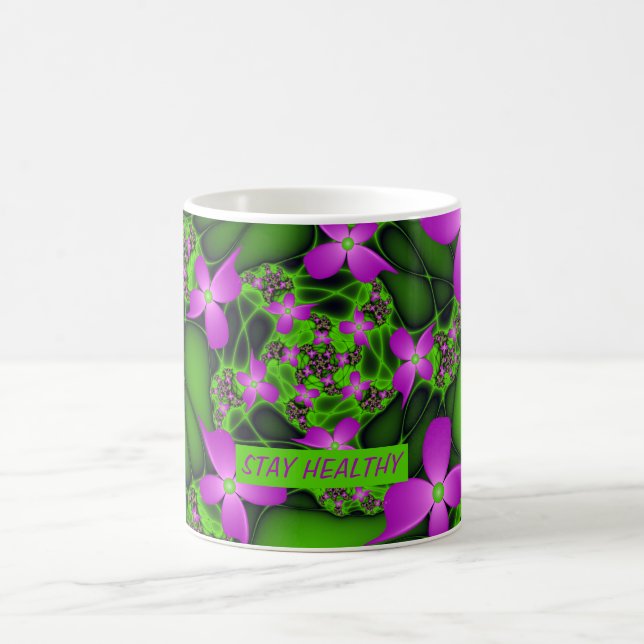 Caneca De Café Flores Fractais Verdes Rosa-Rosa-Abstrato modernas (Centro)