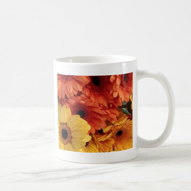 Caneca De Café Flores Gerbera Brilhantes, Amarelo Laranja, Flora (Direita)