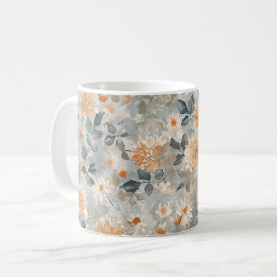 Caneca De Café Flores Laranja Azul Brancas