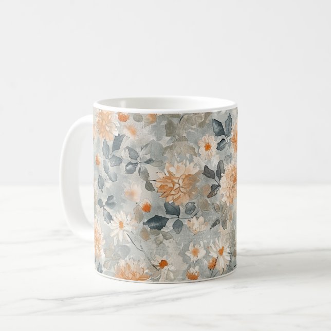 Caneca De Café Flores Laranja Azul Brancas (Frente Esquerda)