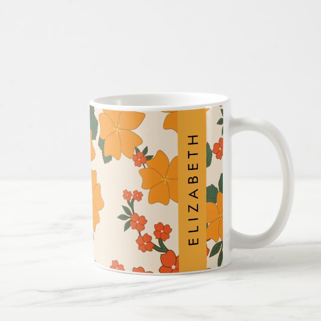 Caneca De Café Flores Laranja, Padrão De Flores, Seu Nome (Direita)