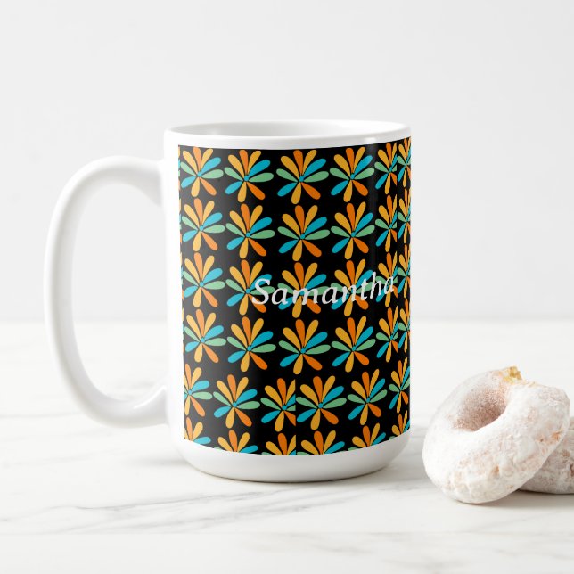 Caneca De Café Flores Laranja, Verde E Azul (Com Donut)