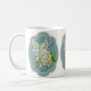 Caneca De Café Flores Liláticas Brancas com Moldura Verde Românti