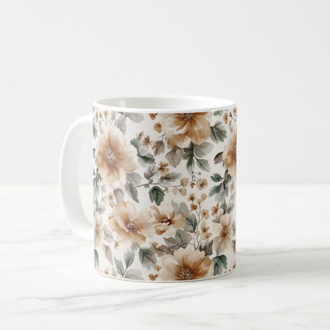 Caneca De Café Flores Marrom Creme (Frente Esquerda)
