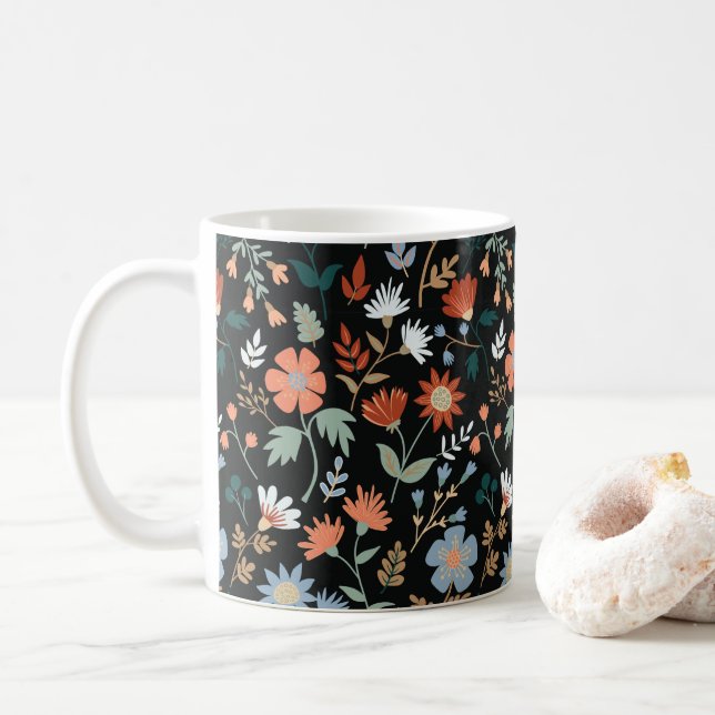 Caneca De Café Flores Modernas Deixam Flor Azul Laranja Negro (Com Donut)