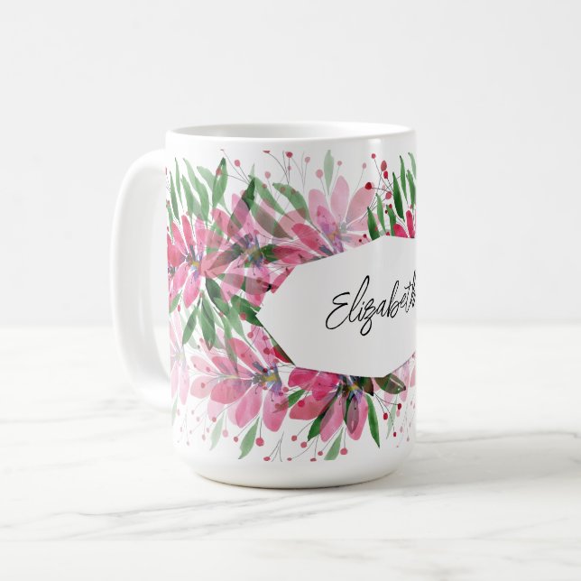 Caneca De Café Flores Modernas Personalizadas Desabrocham Aquarel (Frente Esquerda)
