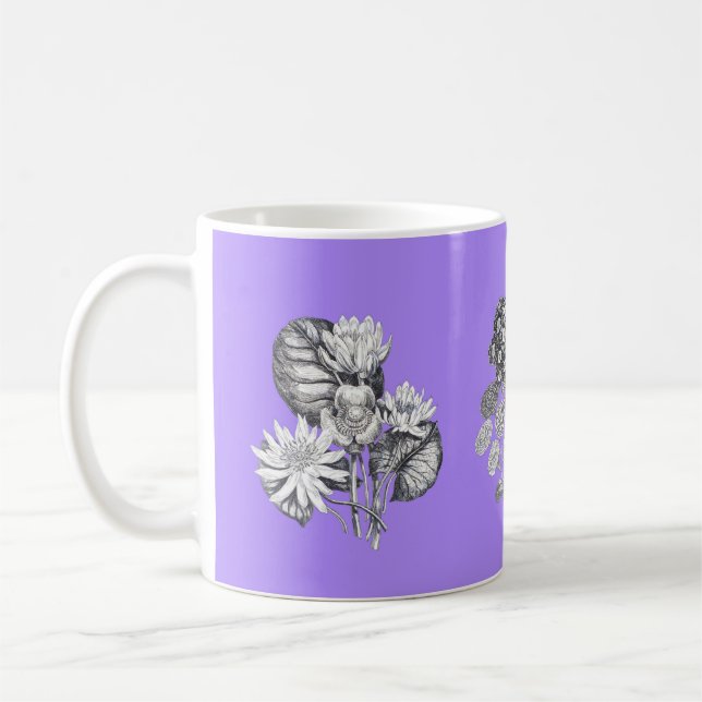 Caneca De Café Flores monocromáticas em fundo lilás (Esquerda)