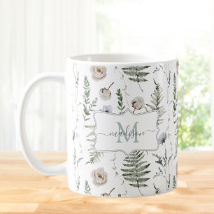 Caneca De Café Flores Monogramáticas e Folhas de Samambaia Florai