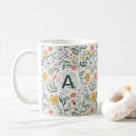Caneca De Café Flores Mostarda de Coral Monograma Vivid