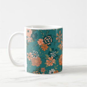 Caneca De Café Flores-Padrão Da Vinha Floral Teal Orange Trendy