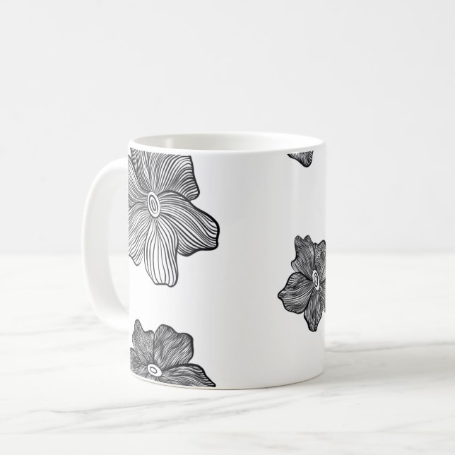 Caneca De Café Flores Pretas e Brancas  (Frente Esquerda)