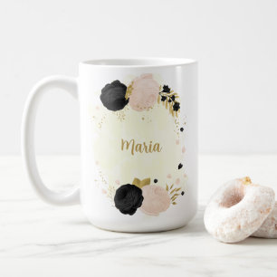 Caneca De Café flores pretas rosadas douradas botânicas casamento