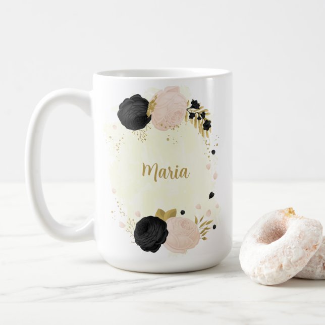 Caneca De Café flores pretas rosadas douradas botânicas casamento (Com Donut)