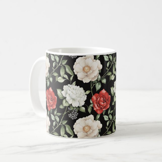 Caneca De Café Flores Pretas Vermelhas Brancas Elegantes (Frente Esquerda)