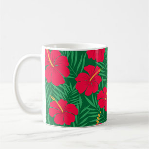 Caneca De Café Flores Red Hibiscus em Folhas Tropicais Verdes