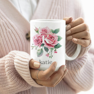 Caneca De Café Flores Red Roes com Nome Elegante Monograma Person