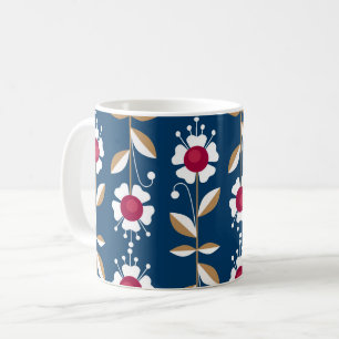 Caneca De Café Flores retro brancas sobre fundo azul escuro