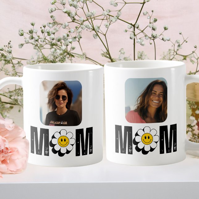 Caneca De Café Flores Retro Fofas & "Mãe", Divertido, Foto Person (Criador carregado)