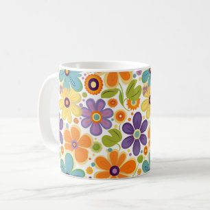 Caneca De Café Flores Retro Laranja Lilac e Verde