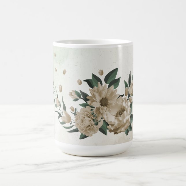 Caneca De Café flores românticas de champanhe & folhas verdes (Centro)