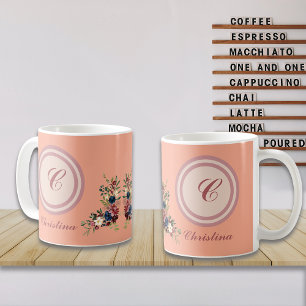 Caneca De Café Flores Românticas Monograma Personalizado