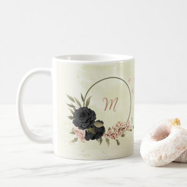 Caneca De Café flores rosa com blush preto  (Com Donut)