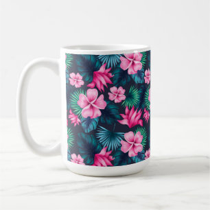 Caneca De Café Flores Rosa com Padrão de Folhas Verdes-79066