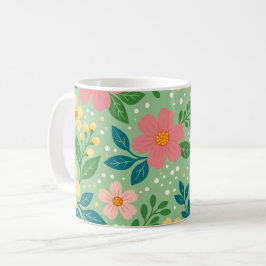 Caneca De Café Flores Rosa e Amarelo com Folhas Verdes e Azuis