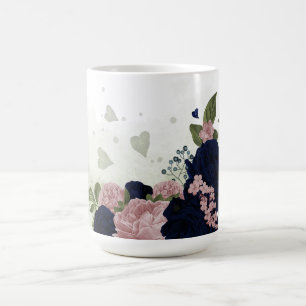 Caneca De Café flores rosa e azul marinho folhagem 