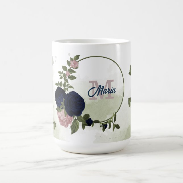 Caneca De Café flores rosa e azul marinho monograma (Centro)