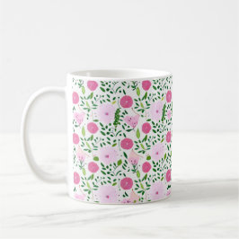 Caneca De Café Flores Rosa e Padrão de Vinhas Verdes