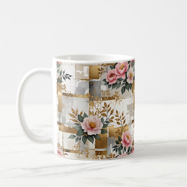 Caneca De Café Flores rosa e quadrados (Esquerda)