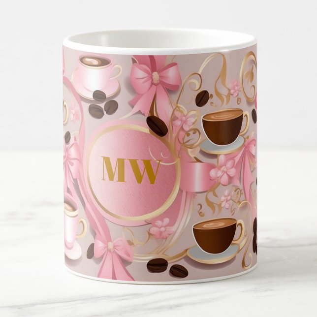 Caneca De Café Flores rosa elegantes e monograma personalizado de (Criador carregado)