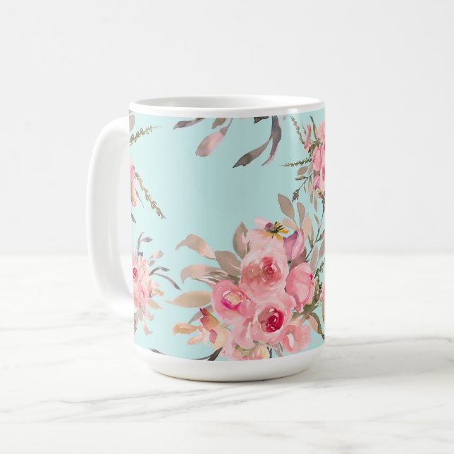 Caneca De Café Flores Rosa Esmagadas no Azul Claro (Frente Esquerda)