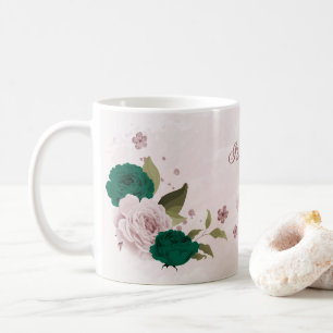 Caneca De Café flores rosa esmeralda verde
