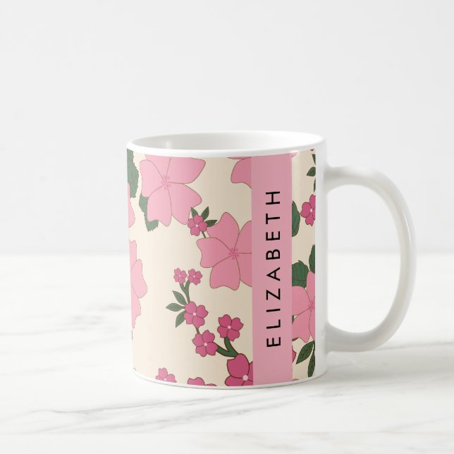 Caneca De Café Flores Rosa, Padrão De Flores, Seu Nome (Direita)