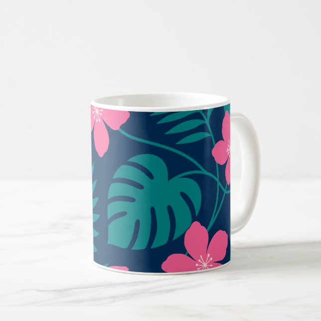 Caneca De Café Flores Rosa Tropical e Desenho de Folhagem Verde (Frente Esquerda)