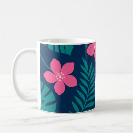 Caneca De Café Flores Rosa Tropical e Desenho de Folhagem Verde