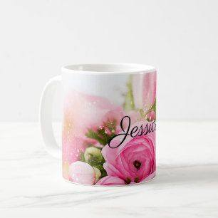 Caneca De Café Flores Rosa Vintage com seu nome
