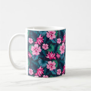 Caneca De Café Flores Rosadas com Padrão de Folhas Verdes-79066